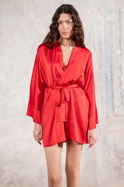 Feu De Elu Fumee Red Short Satin Dressing Gown / Kimono