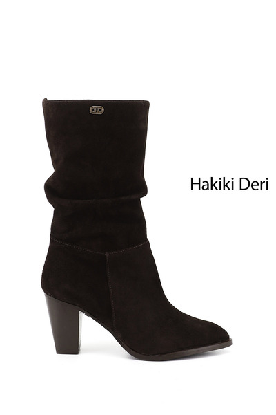 GÖNDERİ(R) Kadın Kahve Süet Sivri Burun Körüklü Kalın Topuklu Hakiki Deri Çizme