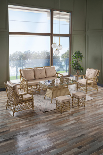 Evdemo Edra Rattan Puflu Bahçe Balkon Takımı 3+1+1+Camlı Masa Cappuccino