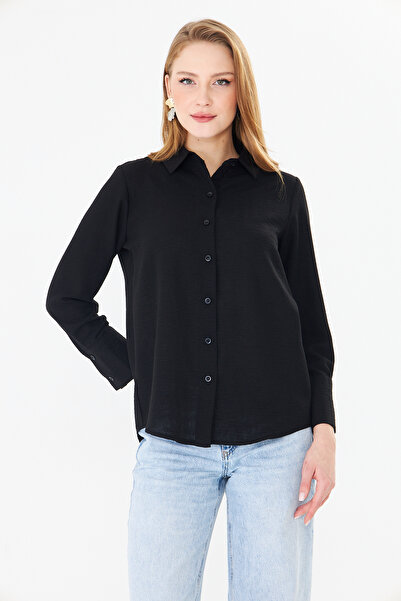 Sortie Дамска черна риза с дълги ръкави, свободна кройка, средна дължина, къс...