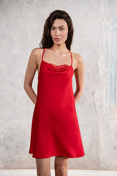Feu De Elu Bianca red strappy short satin nightgown with lace detail