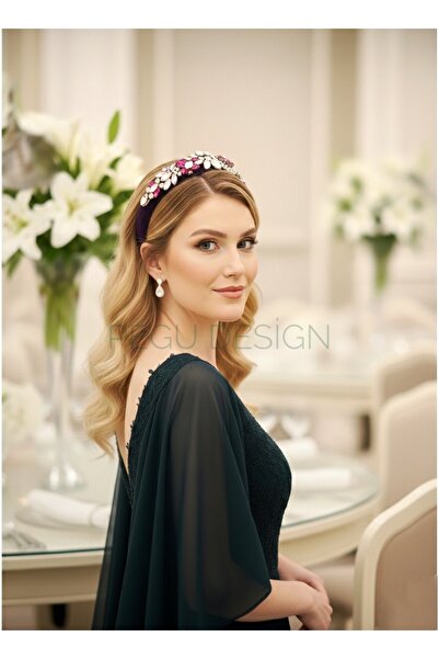 pegu baby collection MOR KRİSTAL KESİM TAŞLI ÖZEL TASARIM KADİFE TAÇ ,DAVET,Y...