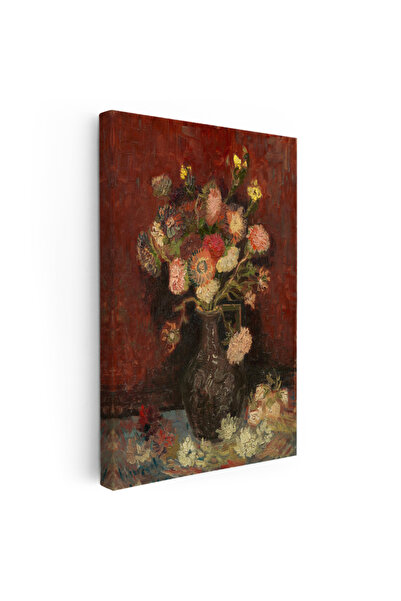 Tablofest Dikey Kanvas Tablo Vincent van Gogh Vazoda Pembe Kırmızı Çiçek Ress...