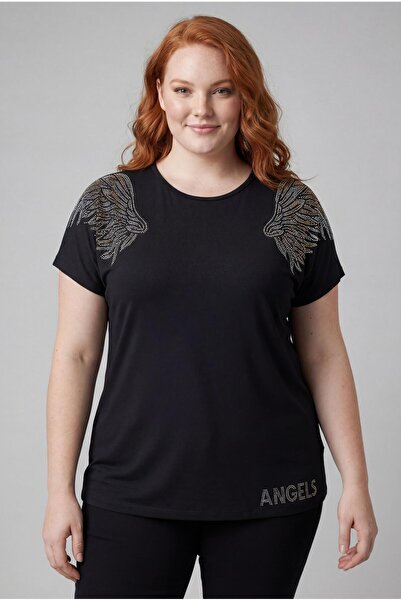 Ebsumu بلوزة نسائية سوداء كبيرة الحجم بطبعة أحجار الملائكة