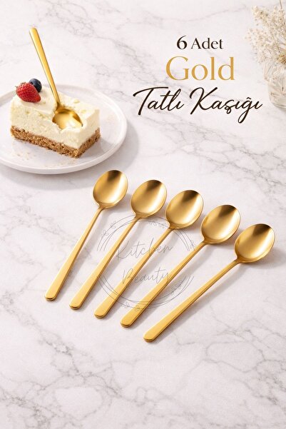 Kitchen Beauty 6 Adet Lüx Paslanmaz Çelik Kaşık Gold Uzun Saplı Yuvarlak Tatl...