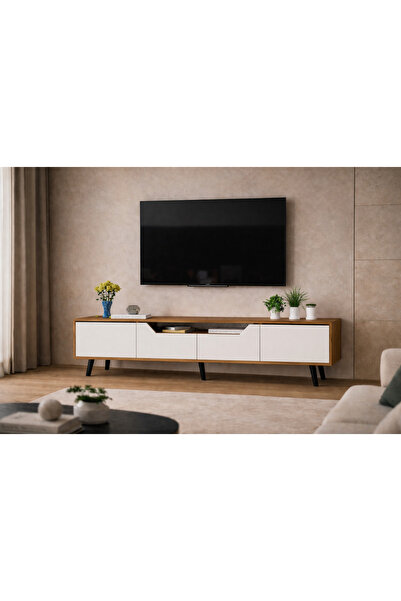 VM VERTEX MOBİLYA Roma Ahşap Ayaklı Tv Ünitesi Tv Sehpası Ceviz-Beyaz
