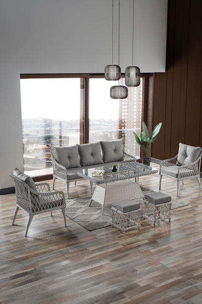 Evdemo Joy Rattan Puflu Bahçe Balkon Takımı 3+1+1+ Camlı Masa Kemik Rengi