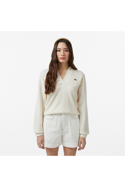 Lacoste Kadın Classic Fit Polo Yaka Krem Kazak