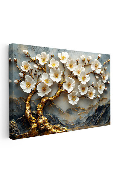 Tablofest Beyaz Çiçekli Ağaç - Altın Gövdeli Kabartma Görünümlü Kanvas Tablo