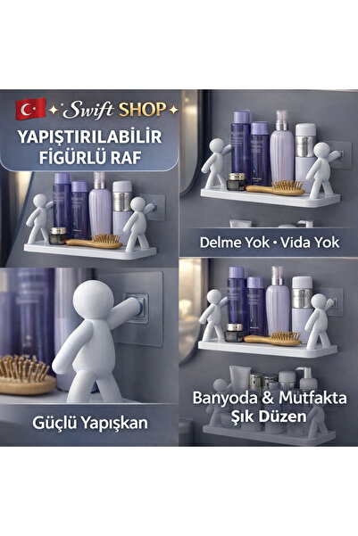 Swift Shop Kaliteli Plastik / Duvar Rafı 38,5 Cm |3M Güçlü Yapıştırıcılı |Çoc...