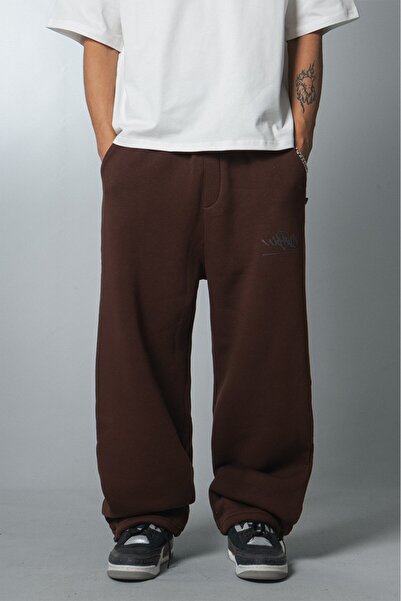 UKHWD SUPPLY Classic Logo Stoperli Reflektör Kahve Wide Leg Erkek Eşofman Altı