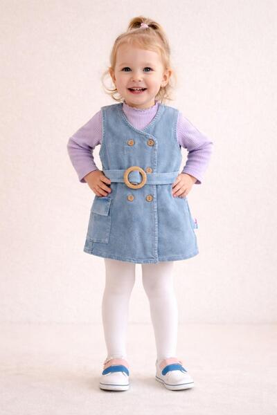 dinamik çocuk Kız Bebek/Çocuk Kruvaze Ahşap Düğme Detaylı Kemerli Kot Jile El...