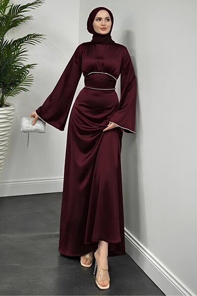 Aysan Moda Vlasi Kolu Ve Beli Taşlı Saten Abiye Siyah