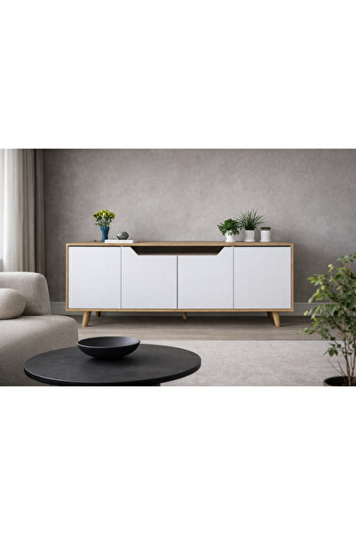 VM VERTEX MOBİLYA Roma Ahşap Ayaklı Modern Konsol Safir Meşe - Beyaz