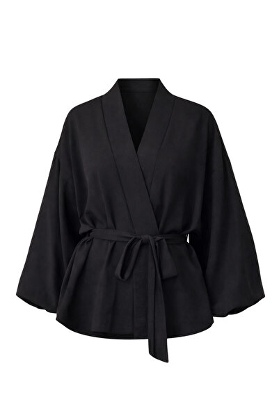 Retrobird Mini Wrap Blouse Kimono Women Black