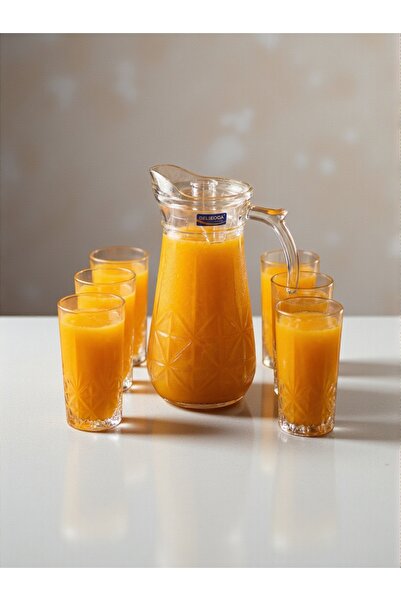 AR HOME طقم مشروبات غازية زجاجي مكون من 7 قطع - 6 أكواب عصير - إبريق واحد