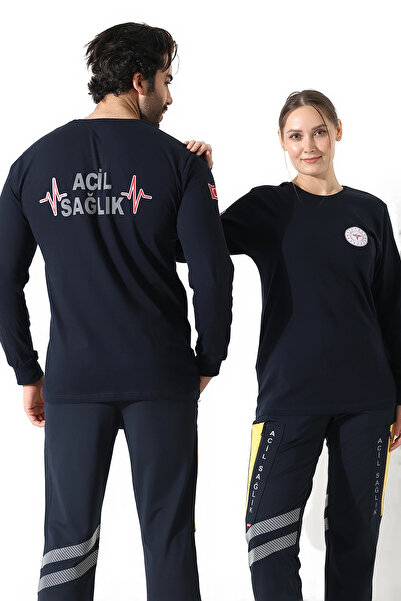 Bilenn Tekstil تيشيرت طبي طويل الأكمام من القطن الممشط برقبة دائرية - أزرق داكن