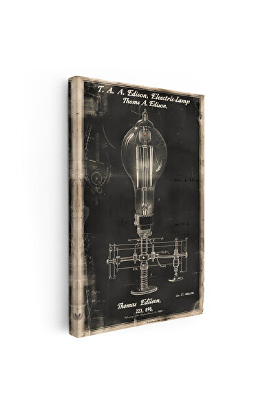 Tablofest Dikey Kanvas Tablo Edison Elektrik Ampulü Patent Çizimi Teknik Vint...