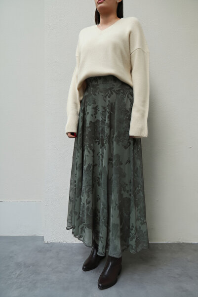 My Blog Yeşil Asimetrik Model Çiçek Desenli Şifon Etek - 0612