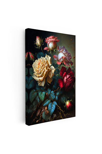 Tablofest Dikey Kanvas Tablo Klasik Yağlı Boya Görünümlü Güller Çiçek Tablosu...
