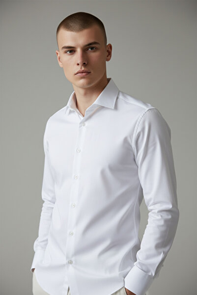 AtlasGiyim Cămașă albă simplă, cu mânecă lungă, croială slim fit