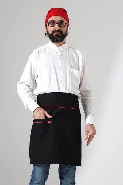 Bilenn Tekstil Siyah Renge Kırmızı Biye Cepli Garson Bel Önlüğü
