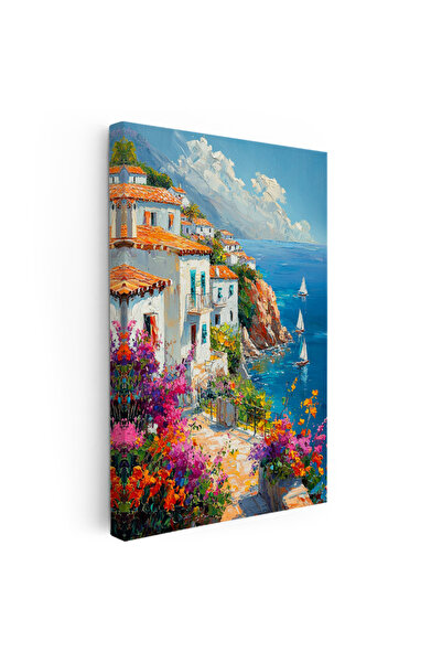 Tablofest Dikey Kanvas Tablo Sahil Kasabası ve Yelkenliler Şehir Mimari Tablo...