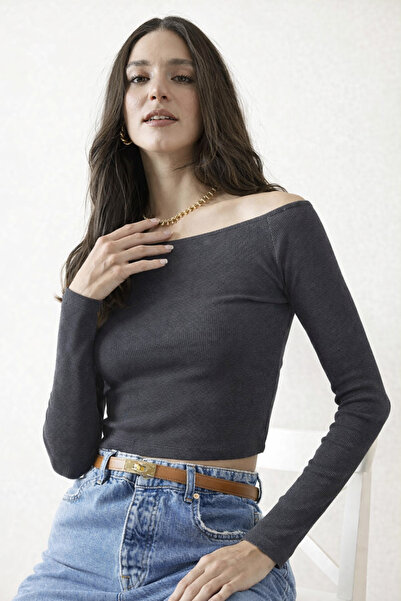 Ramior Women's Boat Neck Anthracite Gray Ribbed Knit Blouse – Long Sleeve Fle...