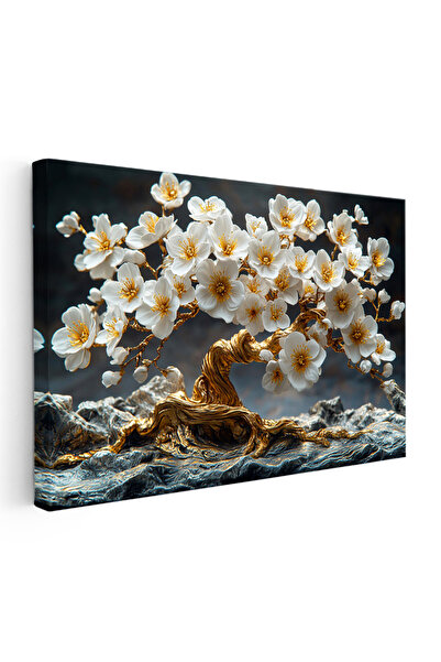 Tablofest Yatay Kanvas Tablo Kayalar Üzerinde Altın Çiçekli Ağaç Çiçek Tablos...