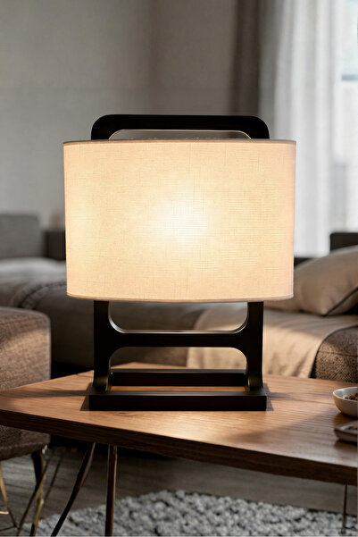 Bahar Aydınlatma Zena Siyah Ahşap Gövdeli Krem Başlıklı Modern Dekoratif Abajur