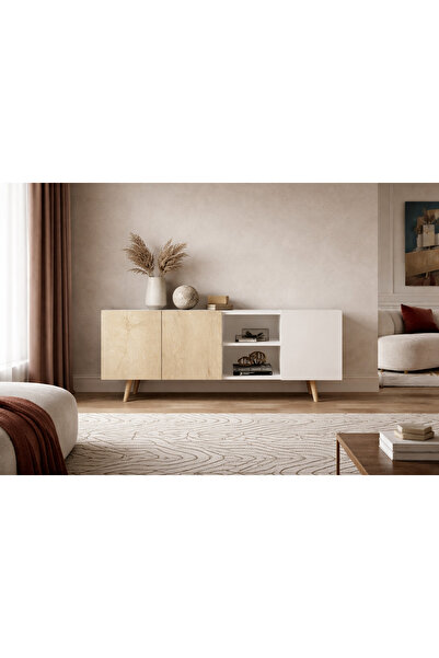 VM VERTEX MOBİLYA Milano Ahşap Ayaklı Modern Konsol 160 Cm Safir Meşe - Beyaz