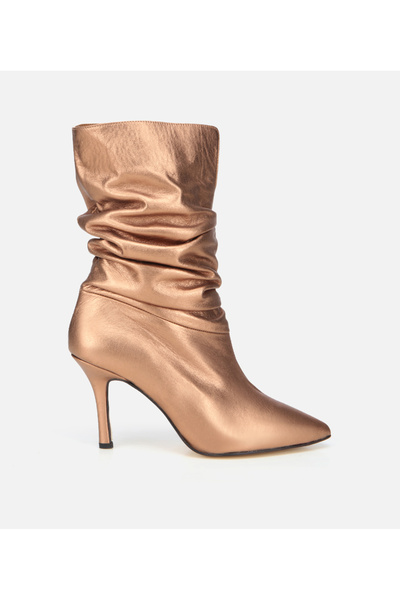 Hotiç Kadın Deri Bronz Büzgülü Sivri Burunlu İnce Topuklu Bot