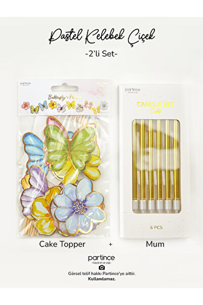 partince Pastel Kelebek Çiçek Pasta Süsü Cake Topper ve Metalik Uzun Gold Mum...