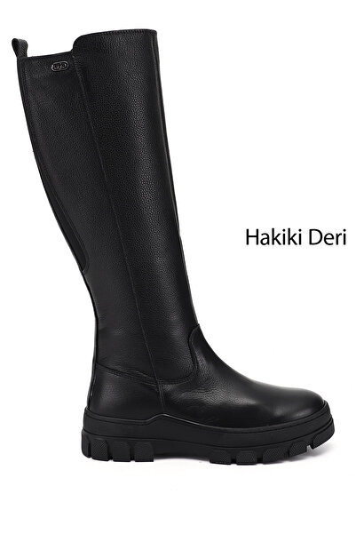 GÖNDERİ(R) Kadın Siyah Floter Fermuarlı Kauçuk Taban Hakiki Deri Çizme