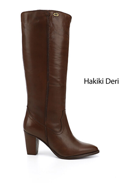 GÖNDERİ(R) Kadın Kahve Antik Sivri Burun Kalın Topuklu Hakiki Deri Çizme