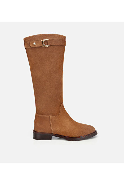 Hotiç Kadın Süet Deri Taba Tokalı Binici Düz Çizme