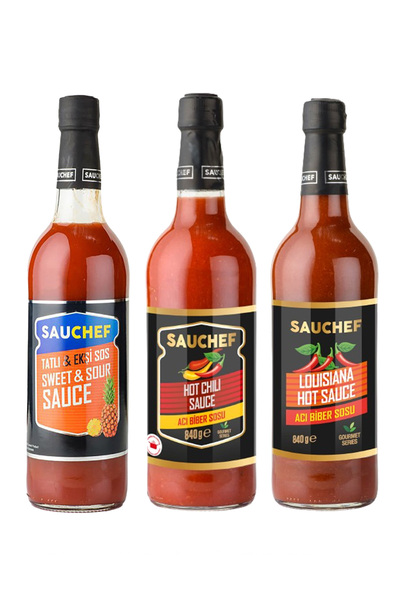SAUCHEF 3’lü Sos Seti – Tatlı & Ekşi, Acı Biber, Louisiana Sauce Cam 840g X 3...