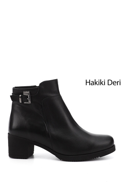 GÖNDERİ(R) Kadın Siyah Fermuarlı Kalın Topuklu Hakiki Deri Bot