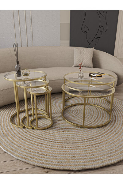 Dekoport Milas Mat Gold (ESKİTME) Orta Ve Zigon Sehpa Seti - Şeffaf Cam