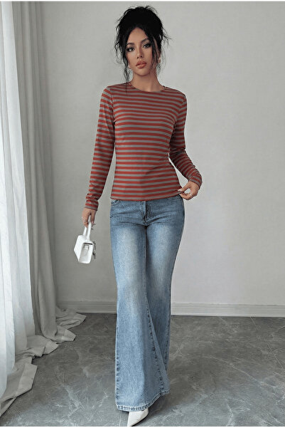 Avones Γυναικείο μπλουζάκι με ριγέ λαιμόκοψη με μακρύ μανίκι Basic T-shirt-Bl...