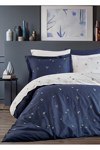 Dantela Safran Pamuk Saten Nakışlı Çift Kişilik Nevresim Takımı - Lacivert