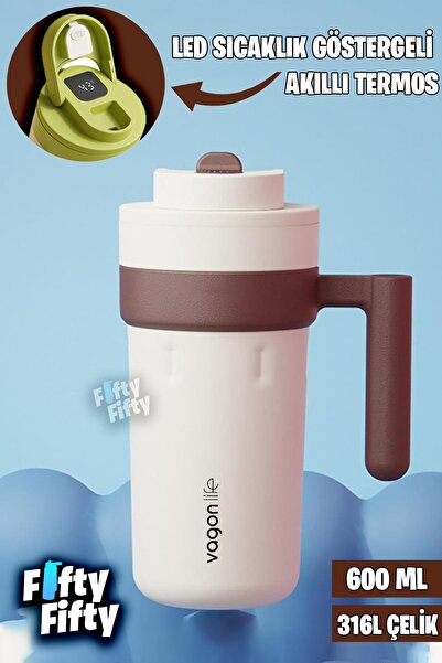 Vagonlife 600 ML LED Sıcaklık Göstergeli Akıllı Çelik Termos Kulplu -Kahve Ba...