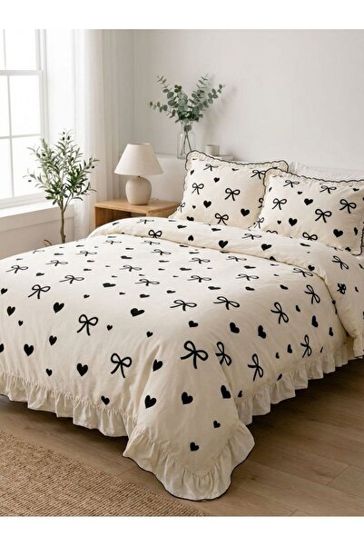 DB Комплект двойно спално бельо 100% памук Декор със сърца и панделки Оверлок...