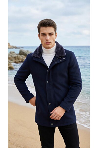 Brango Erkek Fermuar Detaylı Kürklü Yaka Kaşe Kaban