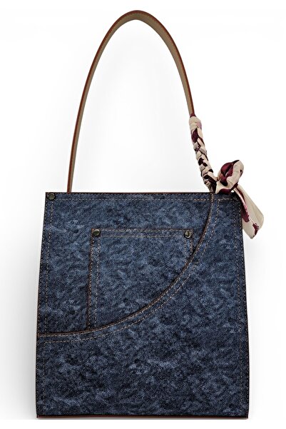 Evident Cream Garni Pocket Detailed Scarf Denim Look Faux Leather Women's Sho...