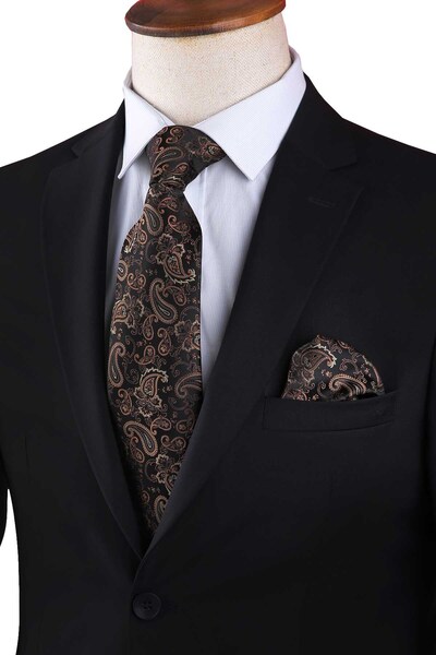 Kravatkolik Kahverengi Şal Desen Mendilli Klasik Kravat KK13121