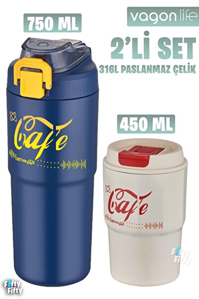 Vagonlife 2'li Çelik Termos-Kahve Bardağı Seti 750ML Çift Kullanım Termos//45...