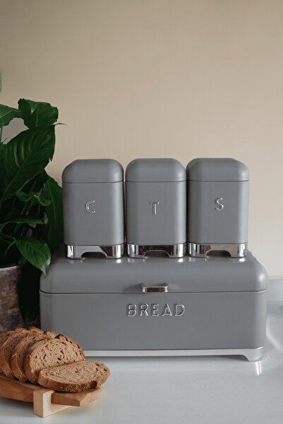Sarkap Home Koyu Gri Galvaniz Seti - Büyük Boy Bread Ekmeklik & 3'lü Tea Coff...