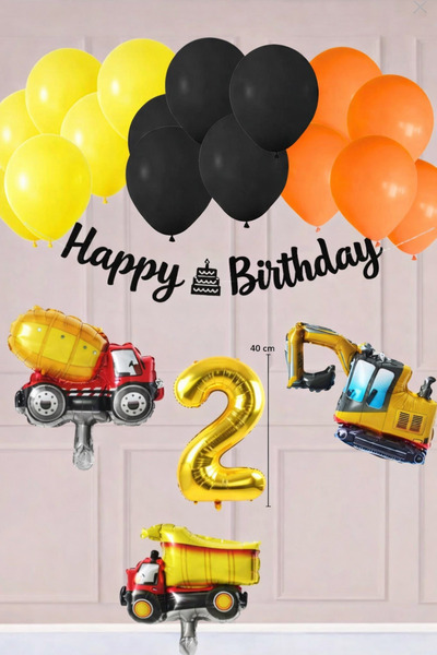 Azebu 2 Yaş İnşaat Konsept Doğum Günü Balon Seti İnşaat Araçları Tema Balon Z...