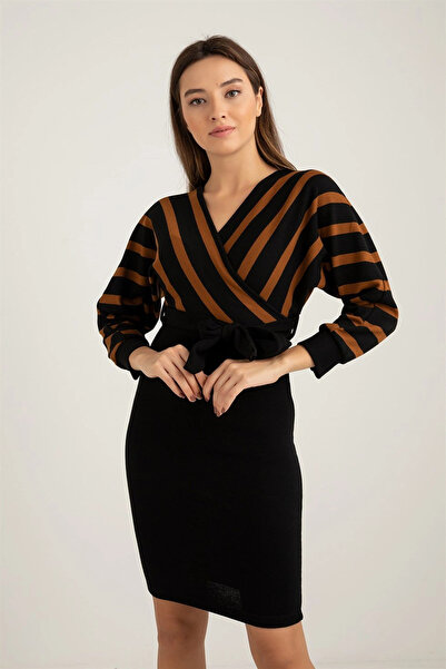 Azra Rochie neagră de tricotaj cu dungi în partea de sus - MARO